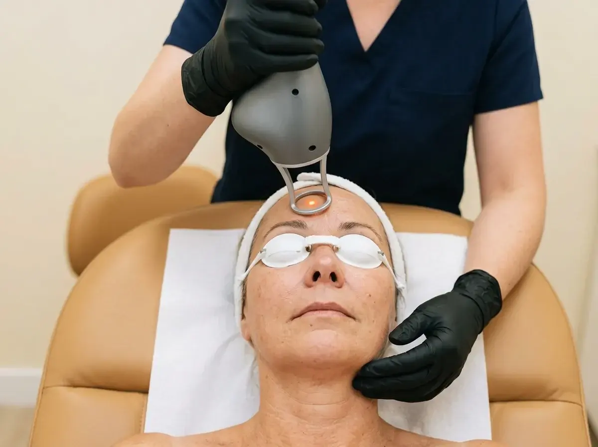 Patient in protective eyewear during a NOUVAderm laser treatment