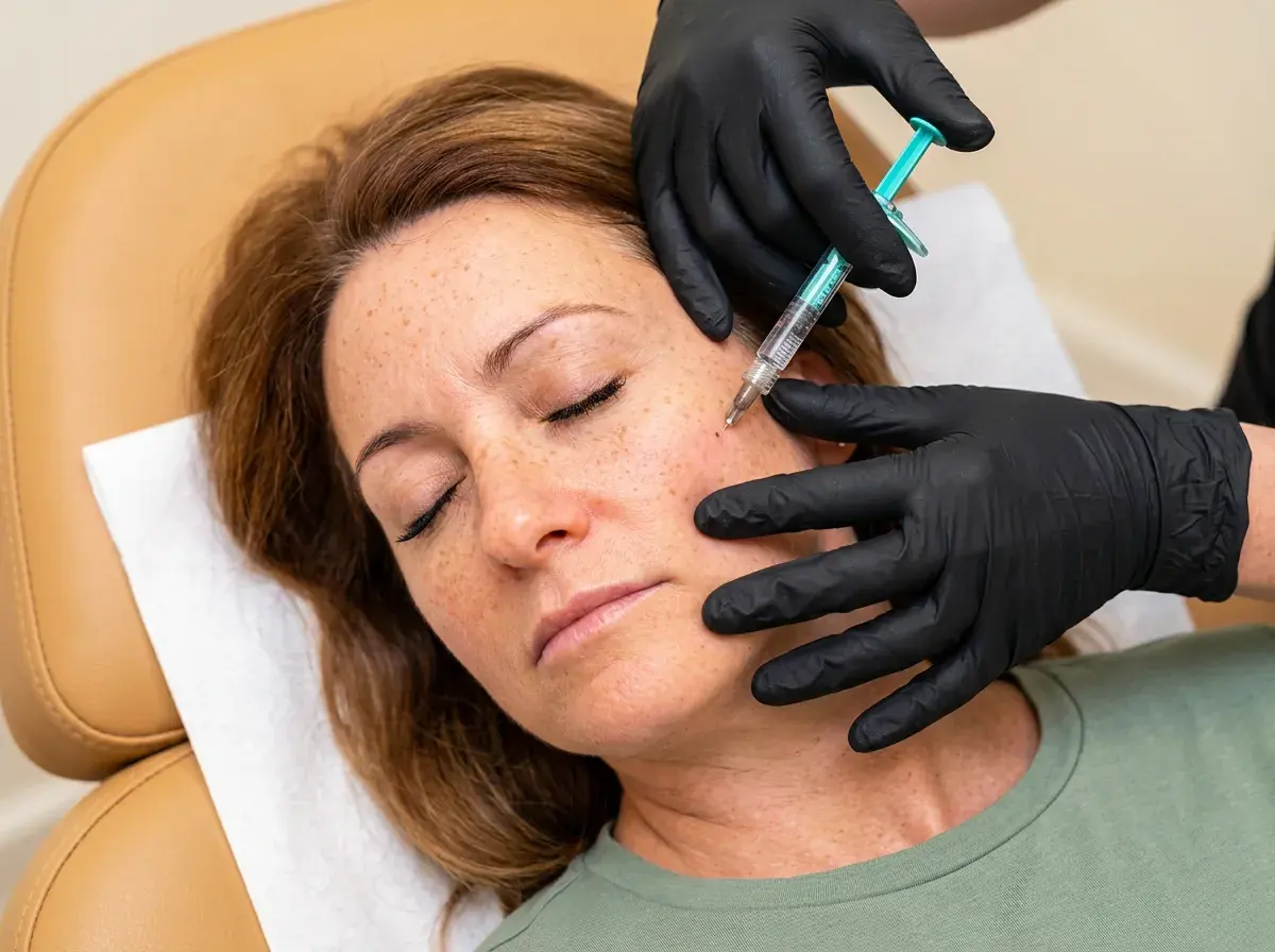 Nurse practitioner assessing a patient's cheek before a Sculptra treatment